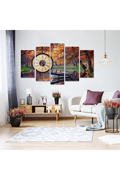 TabloLife Sonbaharda Göl - Saatli 5 Parçalı Kanvas Tablo