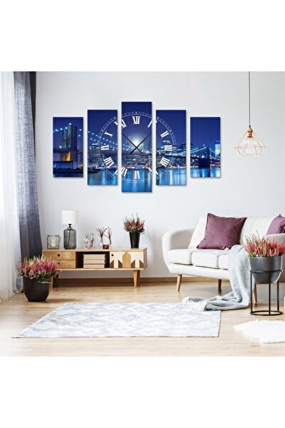 TabloLife Köprü - Saatli 5 Parçalı Kanvas Tablo