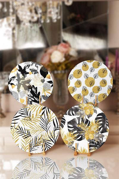 Realhomes 4-Piece White Background Gold Detailed Leaf Patterned Modern Placemat & Plate