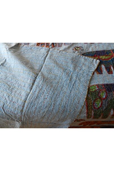 Butik Tülin Otantik Viskoz Mavi Taşlama Çok Renkli Fil Aplikeli Iki Kişilik Yatak Örtüsü