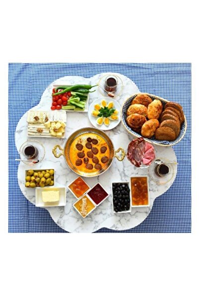 Armağan 90 Cm Beyaz Mermer Desenli Ahşap Katlanabilir Papatya Yer Sofrası