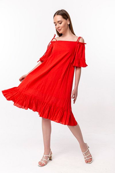 Laranor Red Madonna Collar Strap Flounced Voile Dress
