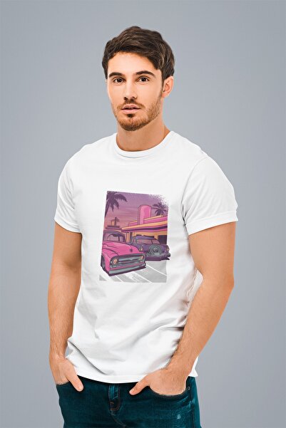 ErTaPassage Bărbat alb tricou - Imprimare clasică cu mașini, T2692748