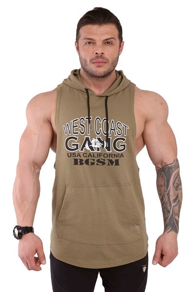 Big Sam Men's Fitness Athlete Hooded Sleeveless Top Khaki 2305