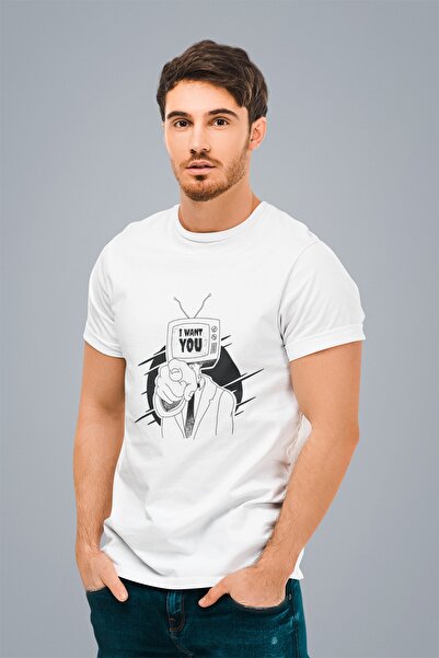 ErTaPassage Bărbat alb tricou - TV Head cu imprimeu , T6456870