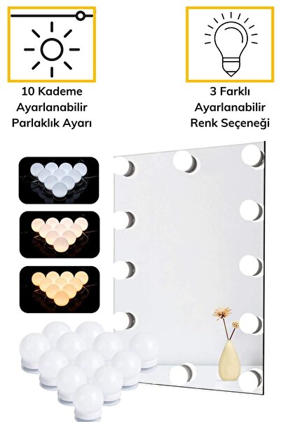 Buffer Nostalji Hollywood Tarzı 10'lu Makyaj Masası Aynası Beyaz Led Işıklı Lamba Usb