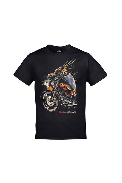 Orijin Tekstil Rolling Thunder Engine Printed Unisex Black Tshirt