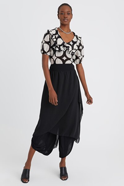 Hanna's by Hanna Darsa Kadın Siyah-beyaz Geometrik Desenli Yakası Büzgülü Dok...