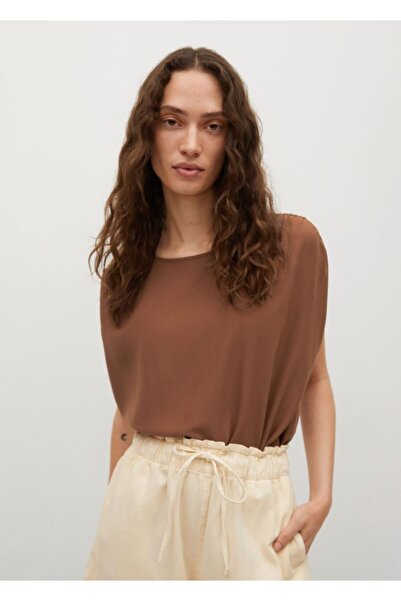 MANGO Woman Γυναικείο T-Shirt καφέ Gathered Shoulders