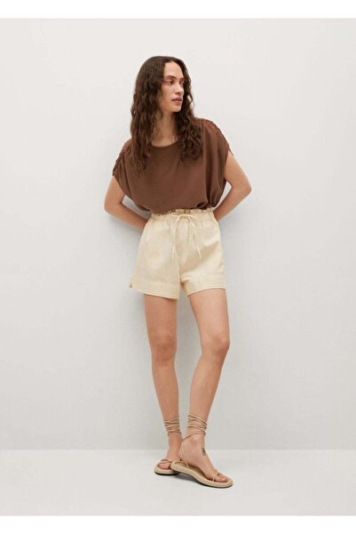 MANGO Woman Γυναικείο T-Shirt καφέ Gathered Shoulders