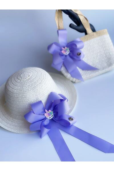 QUEEN AKSESUAR Custom Design Luxury Princess Girl's Straw Hat Beach Bag Suit Set Lilac Purple Unicorn Horse