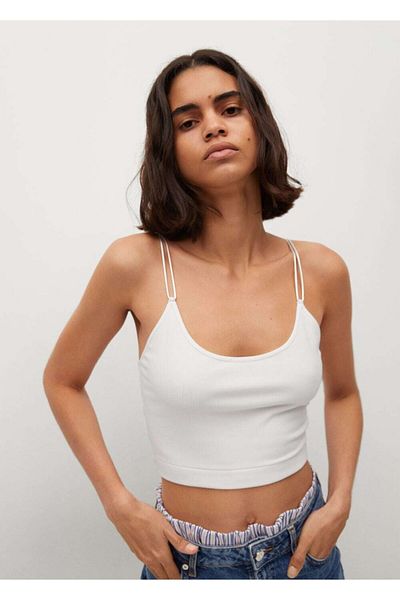 MANGO Woman Crop crop cu nervuri alb catifelat pentru femei