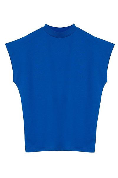 BASIC&CO Cate Stand Collar (mock Neck) Short Sleeve Blue Blouse
