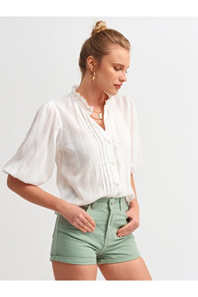 BEŞİR GİYİM Beşir Giyim Kadın Nervür Detaylı Balon Kol Gömlek-ekru-5807