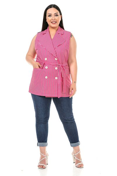 DISENTIS MODEST Plus Size Fuchsia Vest - Double Breasted with Stripes, Flap Pockets and Belted