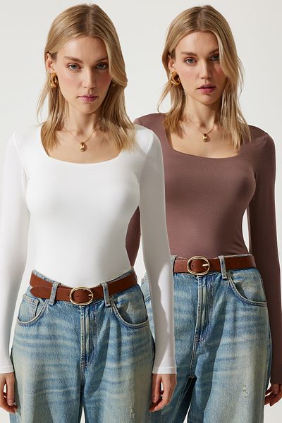 Happiness İstanbul Braun-weiße Strickblusen im Doppelpack mit quadratischem Ausschnitt für Damen RX00041
