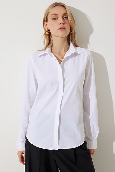 Happiness İstanbul Weißes Slim Fit Bürohemd aus Lycra-Popeline für Damen DY00003
