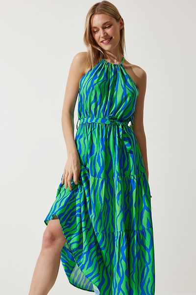 Happiness İstanbul Women's Green Blue Halter Collar Summer Viscose Dress ZV00269