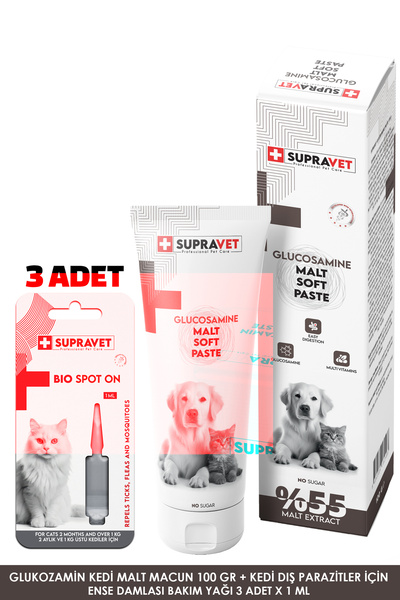 Supravet Glukozamin Kedi Malt Macun 100 Gr +Kedi Dış Parazit Bakım Yağı Damla...