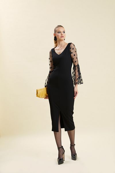 VERDA V-Neck Polka Dot Evening Dress - Flounce Sleeves and Front Slit Dress
