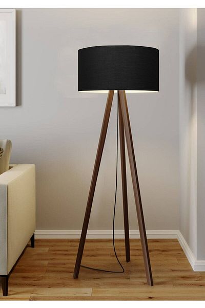 aynur abacur Cylinder Head Wooden Three-Legged Floor Lamp - Black Round Fabric Ayd-2937