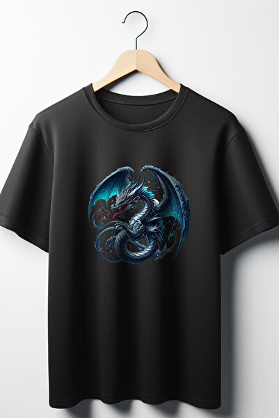 Vordevia Tricou negru unisex cu decolteu rotund supradimensionat cu imprimeu ...