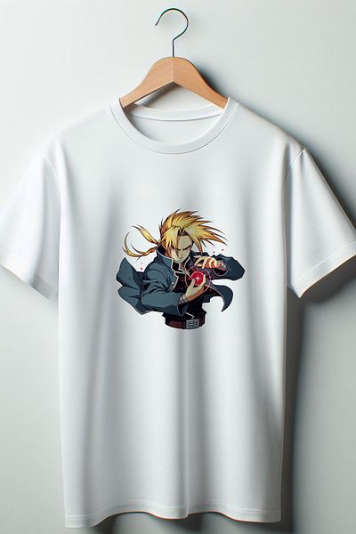 Vordevia Λευκό μπλουζάκι Full Metal Alchemist με στάμπα Oversize Wide Fit Unisex Crew Neck