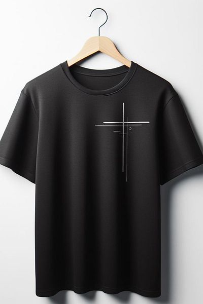 Vordevia Tricou negru unisex cu decolteu rotund supradimensionat cu imprimeu în cruce