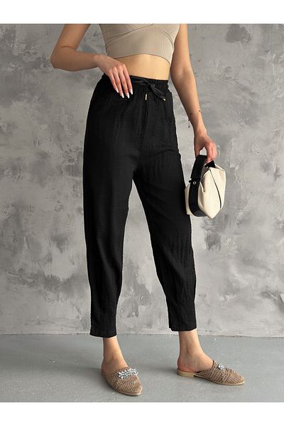 diaves High Waist Linen Summer Trousers - Black