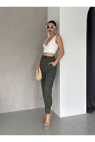 diaves High Waist Khaki Linen Trousers - Summer Leg Detail