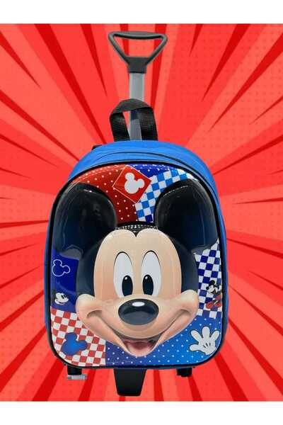 Tezzgelsin Anaokulu Kreş Mavi Mickey Mouse Baskılı Çekçekli Tekerli Kabartma Seyahat Valizi ve Okul Çantası
