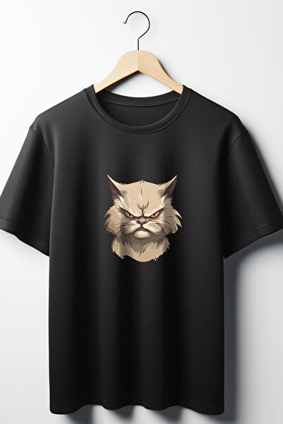 Vordevia mačka Štampano Oversize kroj Široka unisex okrugla kragna crna majica