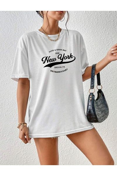 khufu Tricou oversize ALB cu imprimeu NEW YORK - Croială relaxată