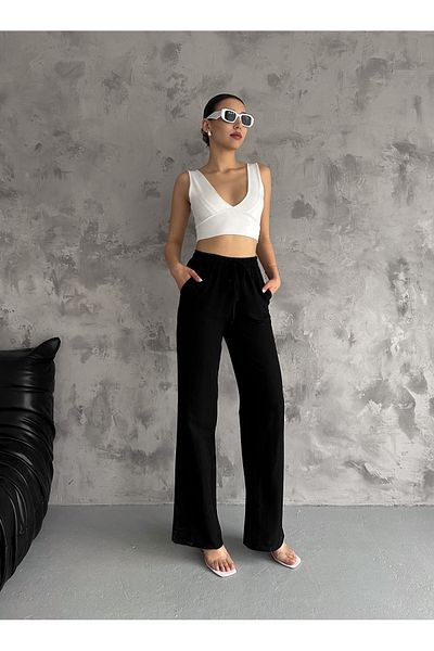 diaves Loose Cut Black Linen Blend Long Trousers