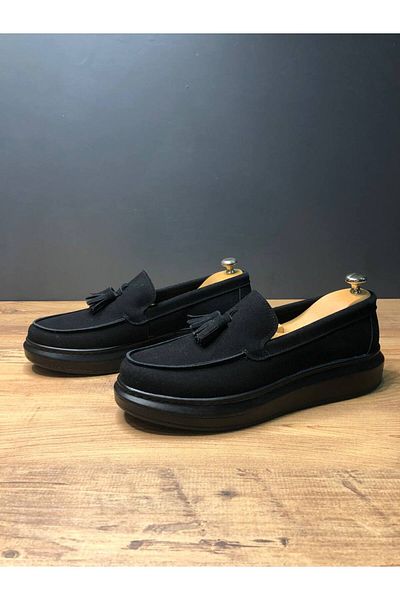 BZ Moda B154 ST Laceless Orthopedic Sole Corcik Type Tasseled Suede Men's Classic Daily Shoes Black