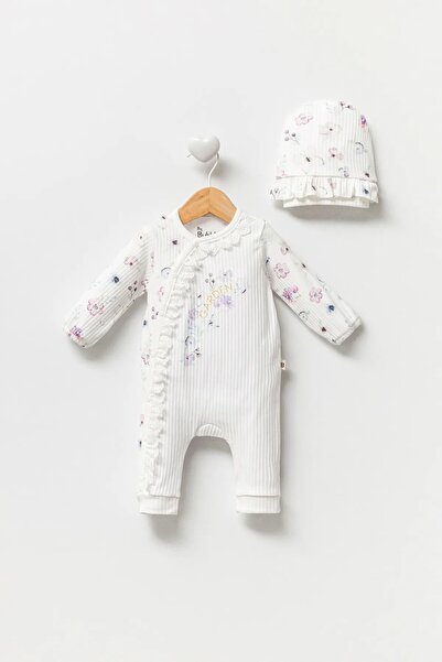 AyCaTa Çiçek Desenli Dantelli Şapkalı Yandan Açmalı Kız Bebek Tulum