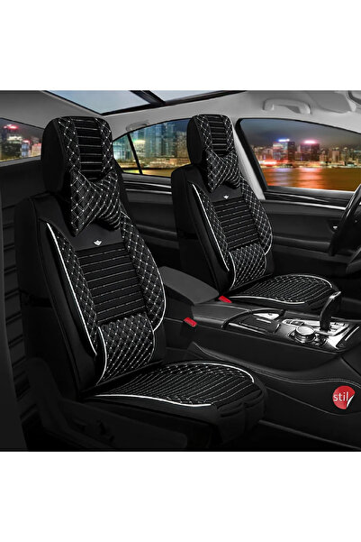 Generic Brand Peugeot 301 Leather Car Seat Cover Front Rear Set Anka Black Wh...