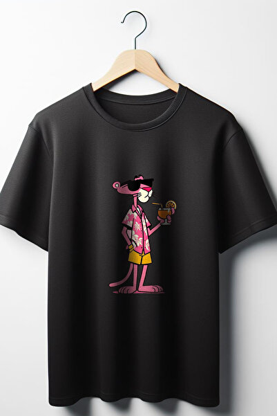 Vordevia Tricou negru unisex cu decolteu rotund cu imprimeu Pantera Roz