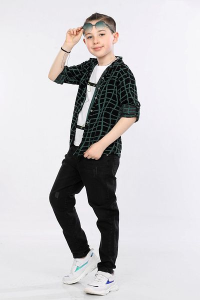 MORNIO Boy's 3-Piece Set Patterned Shirt, T-shirt and Jeans MRN2434
