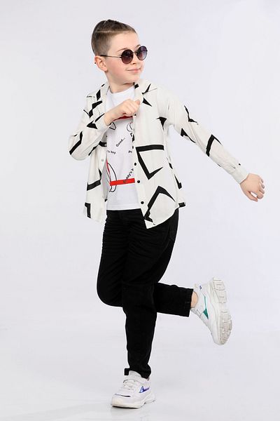 MORNIO Boy's 3-Piece Set Patterned Shirt, T-shirt and Jeans