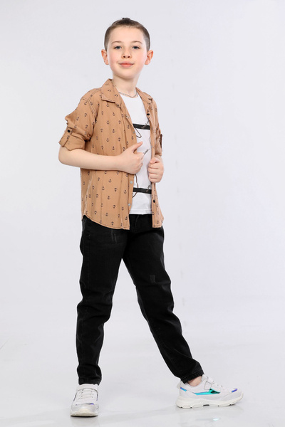 MORNIO Set 3 piese pentru băieți, cămașă cu imprimeu marinar, tricou și panta...