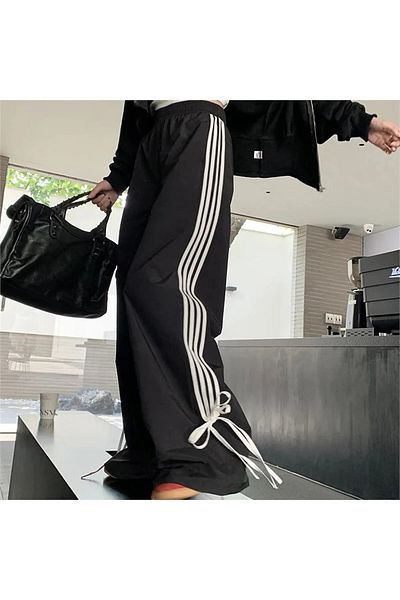 Gofeel Y2k Harajuku Bow Detail Tie-Up Black and White Stripe Sweatpants