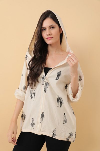 Asist Hooded Zippered Charcoal Printed Loose Jacket - 0400