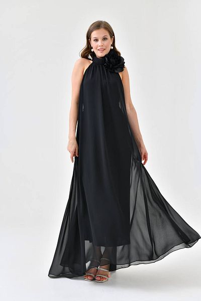 Neşeli Butik women's black chiffon rose detailed long evening dress NBS9351