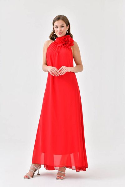 Neşeli Butik women's red chiffon rose detailed long evening dress NBS9351