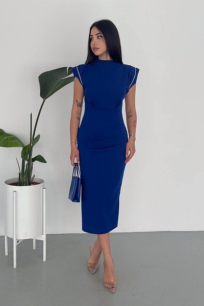 Neşeli Butik rochie albastră skuba creponată pentru femei NBK2081
