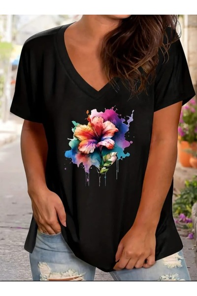 WOODROFFE Dámské černé a bílé volné oversize tričko s výstřihem do V