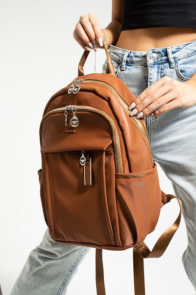 Getcho Button Women's Tan Multi-Compartment Backpack – Large Volume, Water Resistant, Sports and School Bag