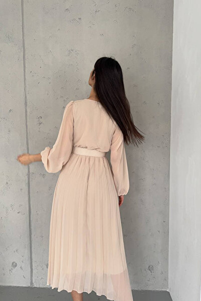 Neşeli Butik γυναικείο πλισέ φόρεμα σιφόν με διπλό γιακά με ζώνη NBK2113