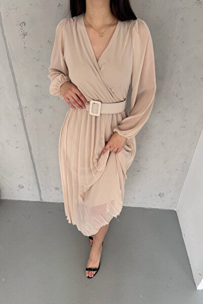 Neşeli Butik γυναικείο πλισέ φόρεμα σιφόν με διπλό γιακά με ζώνη NBK2113